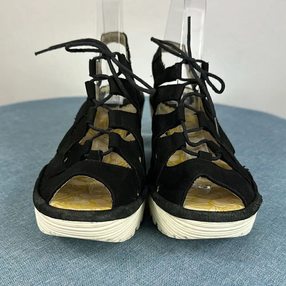 Fly London Black Yexa Lace-up Gladiator Platform Wedge Sandals Size 6-6.5